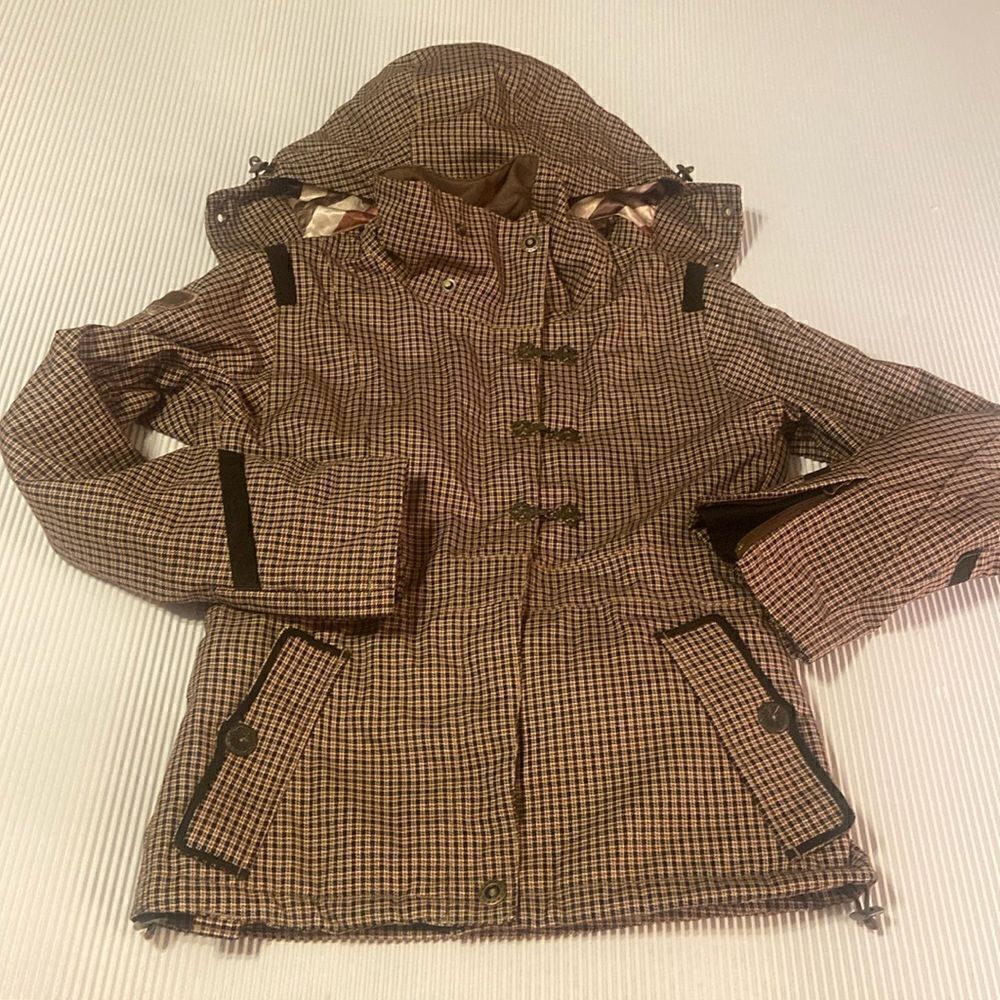 CAPP3L Unisex Snowboard Ski  Hooded Beige Black Checker Long Sleeve Jacket XS-XL